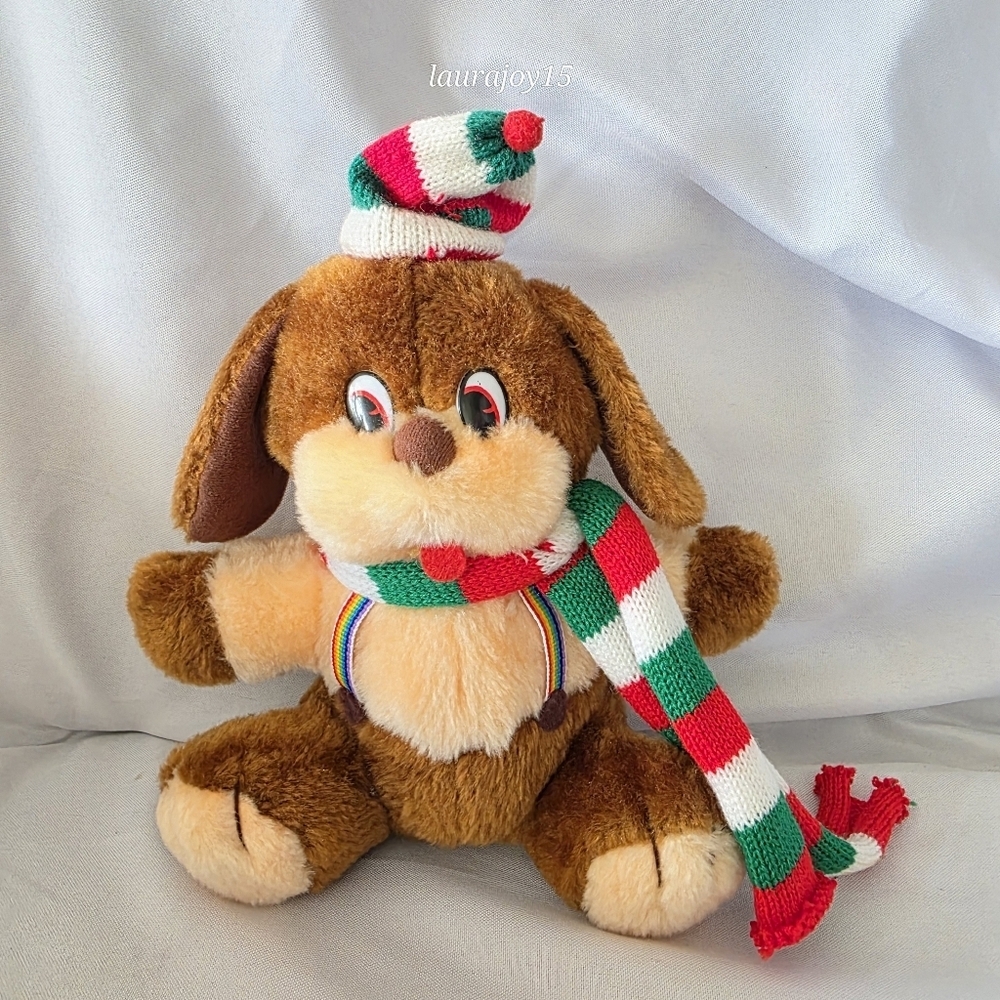 Fun World Brown Hound Dog Christmas Plush Toy Rainbow Suspenders Ornament 8 Inch